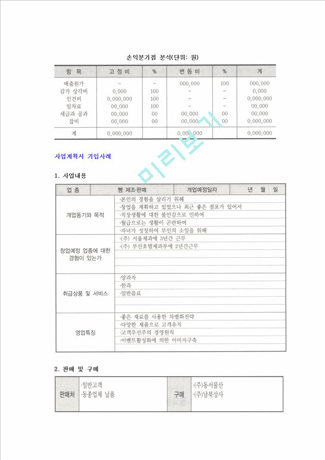 [사업계획서 작성] 사업계획서의 개요(의의, 내용)와 작성시 주의사항 및 업종별 사업계획서 구성, 사업타당성 분석사례.hwp